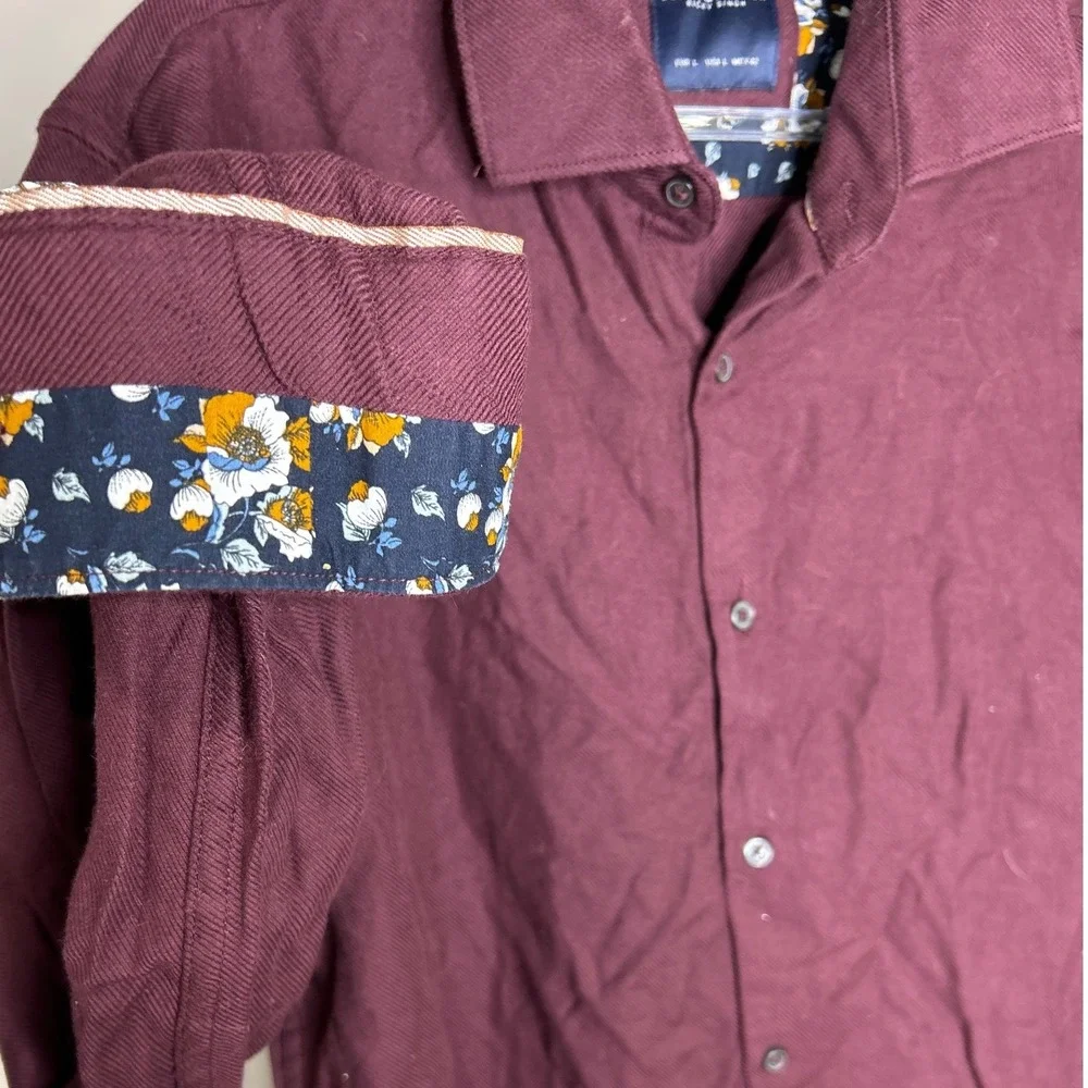 Denim & Flower LARGE Ricky Singh Men‎ Burgundy Long Sleeve Button Down Shirt